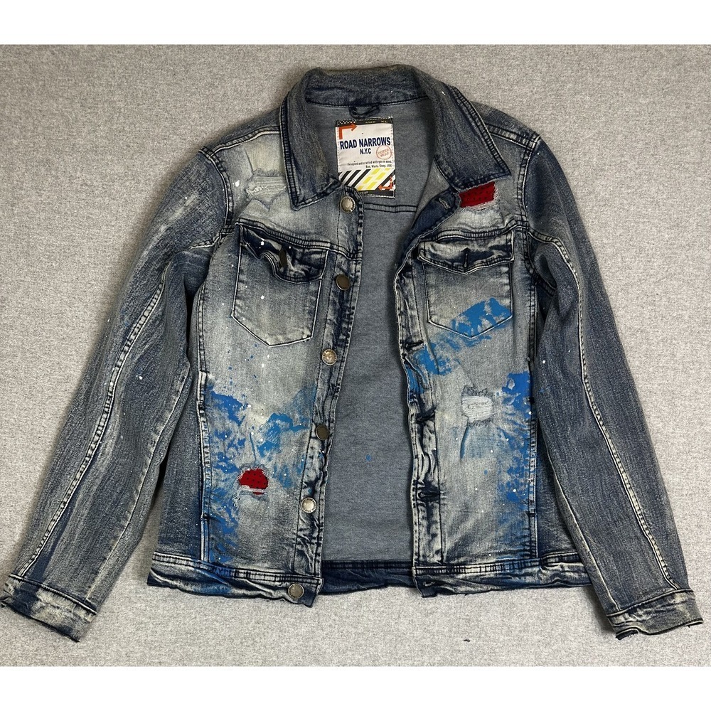 Road Narrow NYC Jacket Youth‎ XL (18) Blue Denim Distressed Paint Splatter Patch